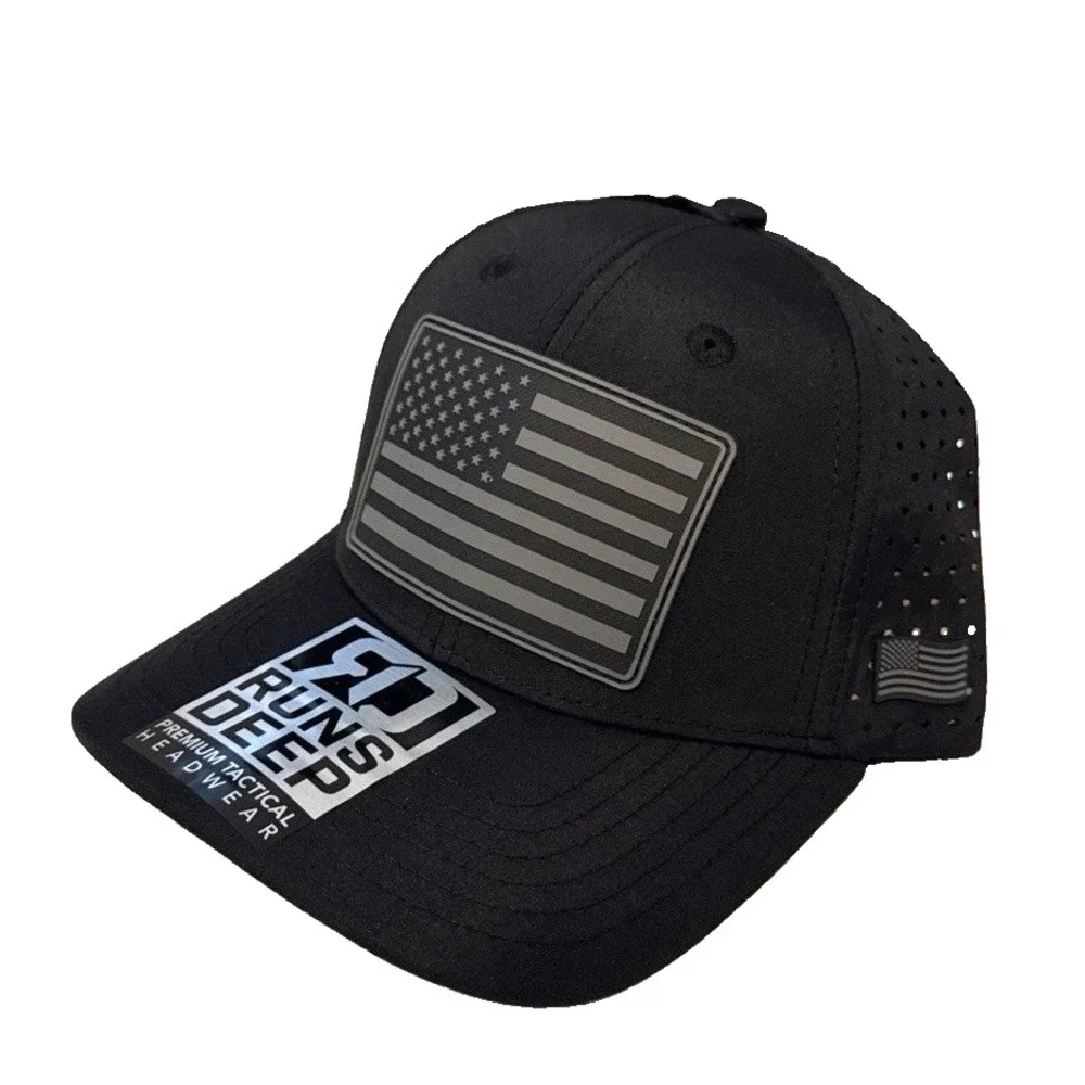 Runs Deep Premium Tactical American Flag Black Moisture Perforated Mesh Snapback